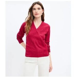 Ann Taylor LOFT Ribbed Surplice V-Neck Faux Wrap Stretch Knit Sweater Red Large